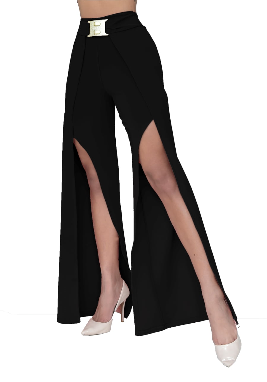 calça pantalona com fenda frontal